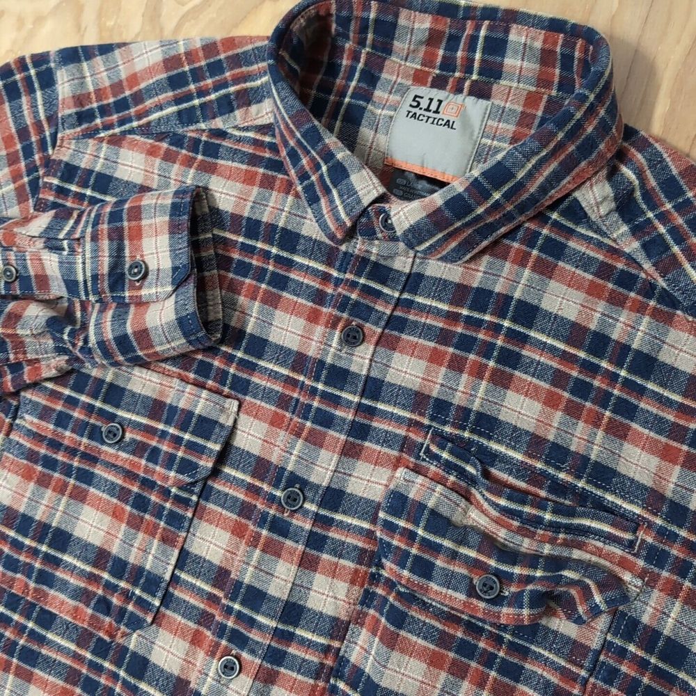 5.11 Tactical Button Snap Mens L Blue Auburn Orange Plaid Long Sleeve Shirt